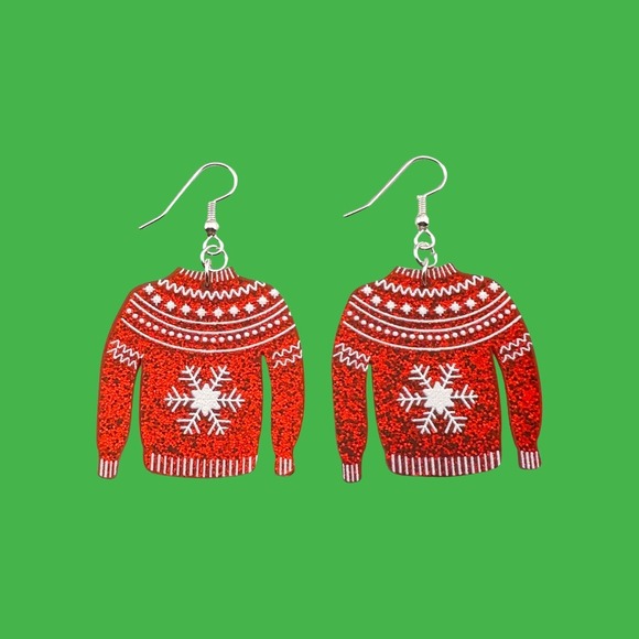 Ugly Christmas Sweater Sparkly Earrings Red and White - Picture 1 of 3